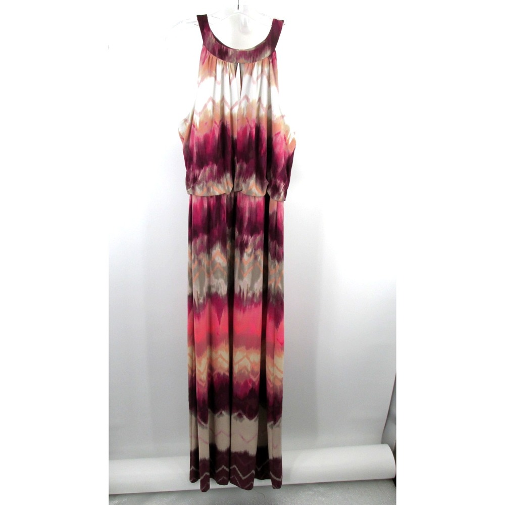 London Times Maxi Halter Dress Womens 14 Multicolor Boho Batik Flowy Sleeveless